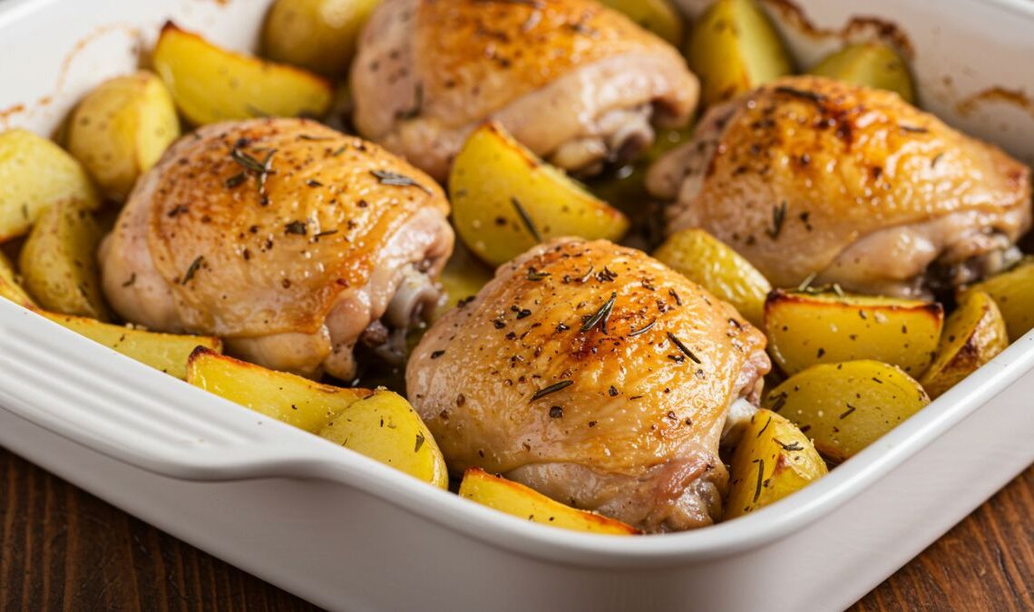 Sobrecoxa de Frango Assada com Maionese e Batatas ao Forno 1 Sobrecoxa de Frango Assada com Maionese e Batatas ao Forno
