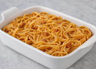 Macarrão cremoso com calabresa preparado em uma panela só, com molho de tomate caseiro e textura encorpada. Uma opção prática para o dia a dia, com sabor caseiro e preparo rápido.