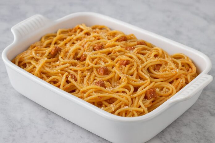 Macarrão cremoso com calabresa preparado em uma panela só, com molho de tomate caseiro e textura encorpada. Uma opção prática para o dia a dia, com sabor caseiro e preparo rápido.
