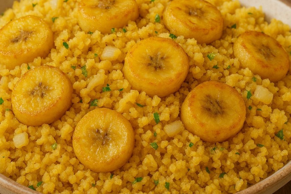 Farofa de banana simples e dourada em uma travessa de madeira