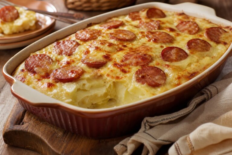 Batata Gratinada com Linguiça e Queijo Derretido – Acompanhamento Cremoso e Prático